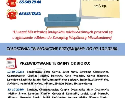 Bezpłatna zbiórka odpadów wielkogabarytowych w gminie Wąsosz – zgłoszenia do 7 października