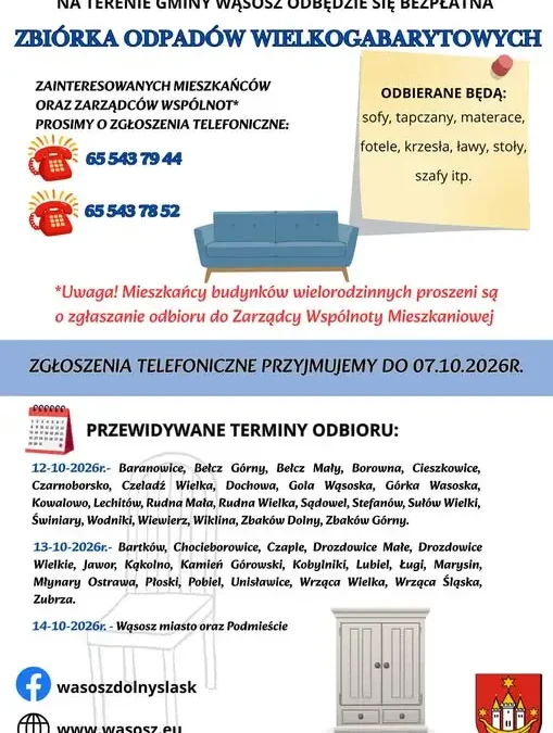 Bezpłatna zbiórka odpadów wielkogabarytowych w gminie Wąsosz – zgłoszenia do 7 października