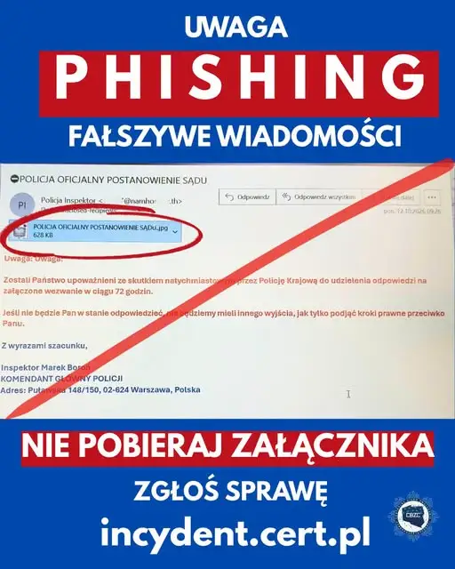 Policja ostrzega: podejrzany e-mail? Nie otwieraj załączników ani linków