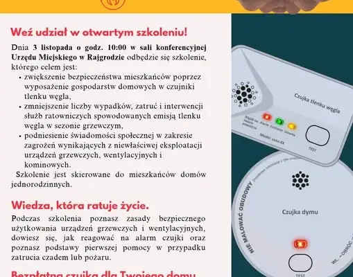 Rajgród: bezpłatne czujki czadu i dymu dla mieszkańców. Szkolenie 3 listopada